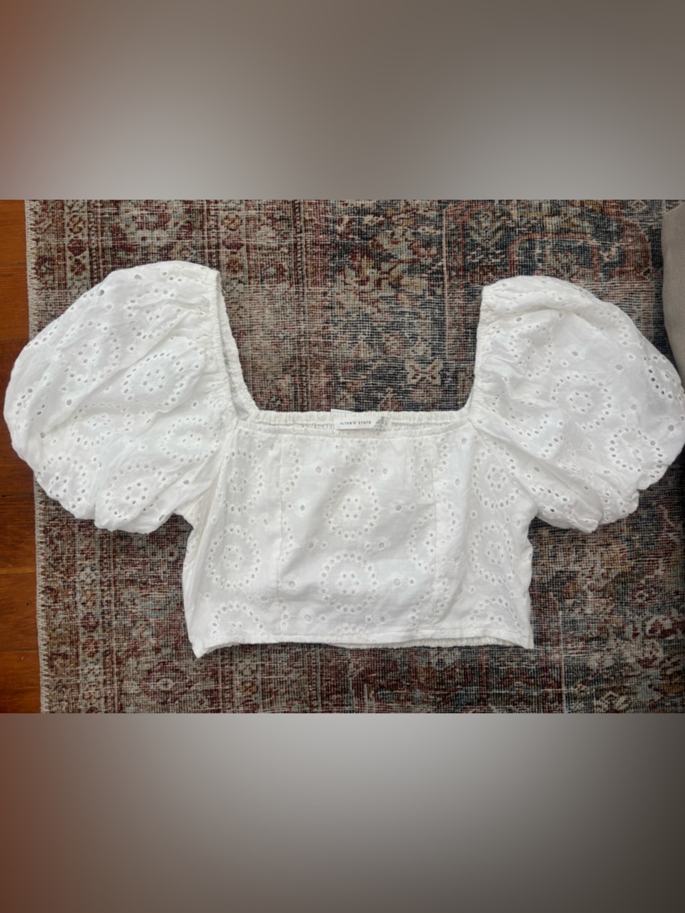 Altar'd State White Eyelet Cropped Top with Puff Sleeves